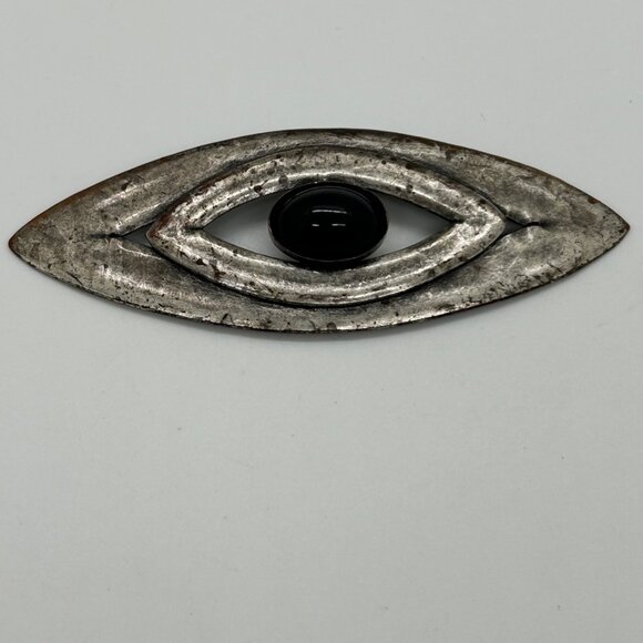 Vintage Eye-Shaped Silver-Tone Brooch With Black acrylic "Evil Eye" Cabochon For - Picture 2 of 16